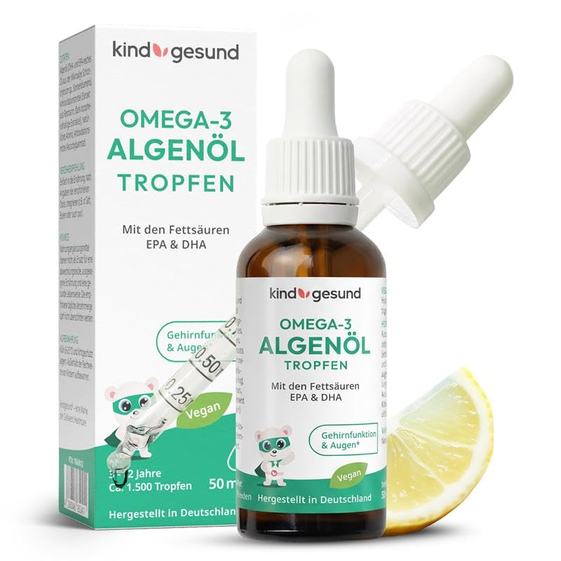 Omega 3 Kinder Tropfen vegan & nachhaltig 50 ml Algenöl (66 Tage) kindgerecht dosiert: 205 mg DHA + 103 mg EPA pro Tagesdosis mit Zitronengeschmack - ab 3 Jahren