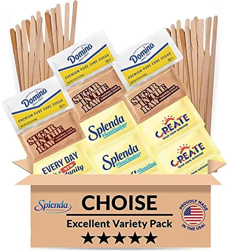 Sugar & Sweetener Assortment Packets, Sugar Domino White Granulated Pure Cane Packets, Splenda, Raw Sugar, Plus Wooden Coffee Stirrers (300 Pack) - To use for Your Coffee, Tea, or any Drink, Baking and Cooking, Travel, Everyday, Home, Bar, Gift, Restaurant, Office, Coffee Bar accessories, Gift, Home, AirBNB & Restaurant - Packaged by CHOISE