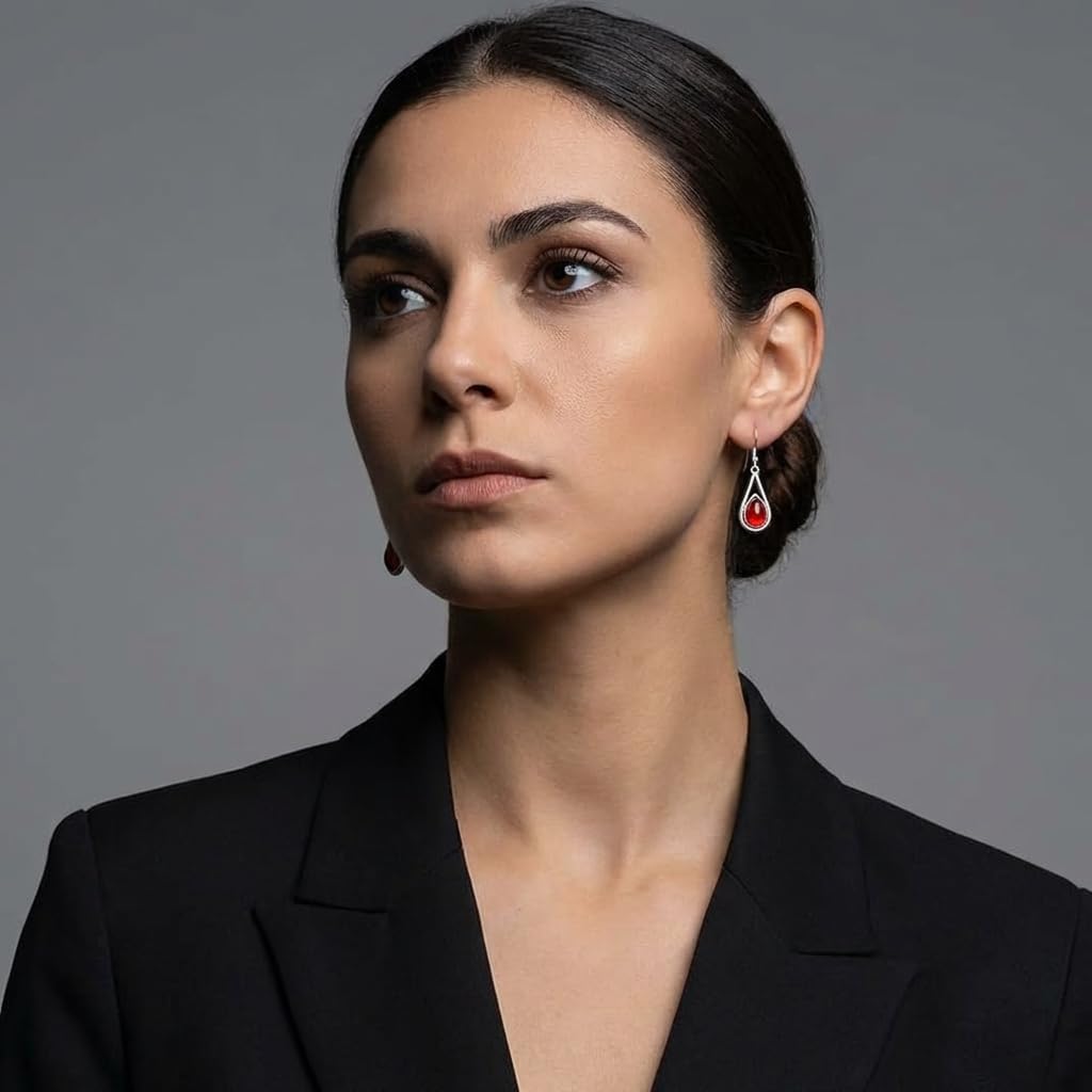 Red Teardrop Dangle Earrings for Women, Vintage Silver Tone Waterdrop Hook Earrings, Elegant Garnet Color Statement Jewelry for Wedding Party Prom Gifts - Image 4