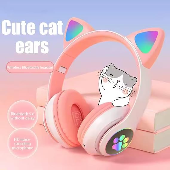 Kablosuz Kulaklık Flaş Işığı Sevimli Kedi Bluetooth Mic ile Kontrol LED Stereo Müzik Kask Telefon Bluetooth Kulaklık Hediye (Pembe)