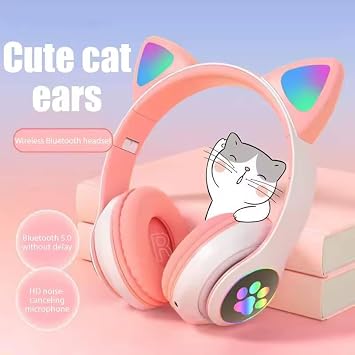 Kablosuz Kulaklık Flaş Işığı Sevimli Kedi Bluetooth Mic ile Kontrol LED Stereo Müzik Kask Telefon Bluetooth Kulaklık Hediye (Pembe)