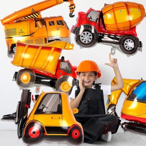 Image of Rozi Decoration Construction Vehicle Foil Balloons for Kids Birthday Party, Excavator Crane Cement Mixer Balloon Set, Aluminium Foil Balloons for Construction Theme Decorations