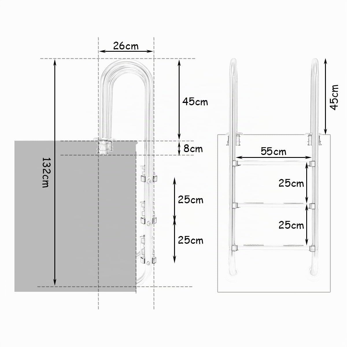 RELAX4LIFE Escalera de Piscina de Acero Inoxidable con 3 Peldaños Antideslizantes, Escalera Piscina Desmontable para Piscina, SPA y Parques Acuático, Carga 150kg, 55x25x132,5cm, Plateado