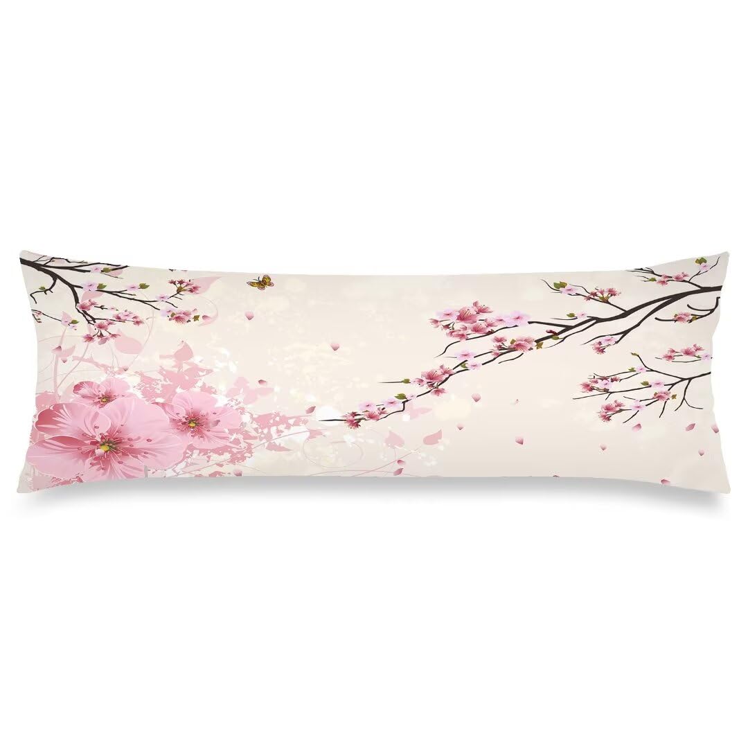 Cherry Blossoms Body Pillow Cover - 20x54 Pink Flowers Cherry Blossom Cushion Long Pillowcase with Zipper - Floral Pillow Covers for Bedroom,Couch