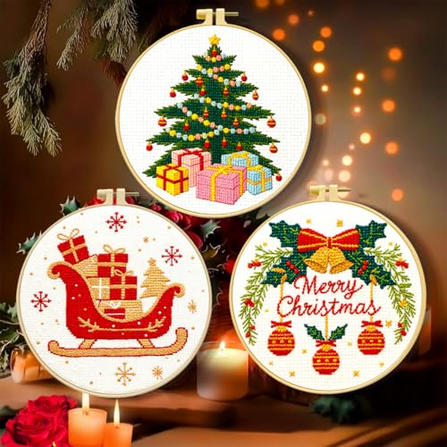 Image of Zhenqing Stamped Cross Stitch Kits for Adults Beginners, Christmas Cross Stitch Kit, 3 Pack Holiday Needlepoint Craft Set with Printed Pattern Fabric, Christmas Tree, Sleigh and Wreath Designs