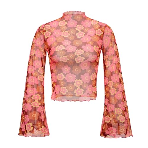 Durio 70s Womens Bell Sleeve Top Floral Tops for Women Disco Outfit Mock Neck Flare Tops Semi Sheer Mesh Long Sleeve Top Crop T Shirt Pink Flowers Small