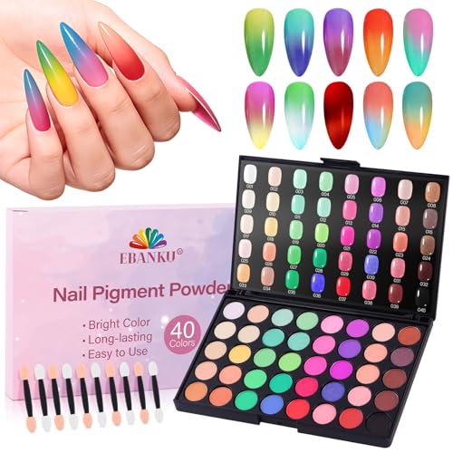 EBANKU 40 Colors Nail Pigment Powder Set Professional Nail Powder Pigment Palette with Iridescent Shades for Gradient Ombre & Bold Manicure Nail Art Supplies for DIY Home Salon Use