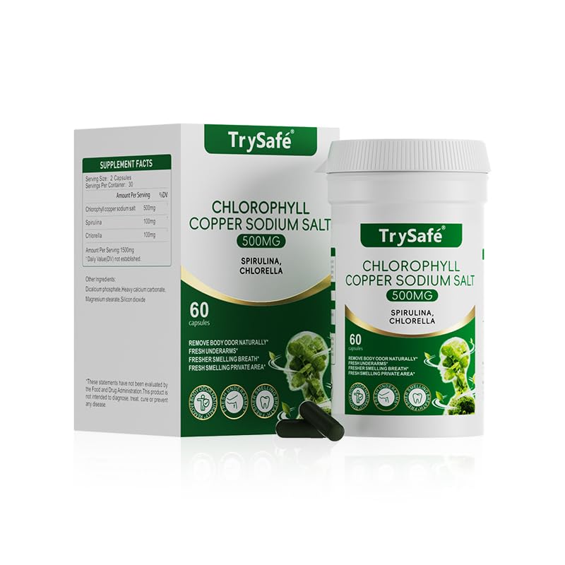 950MG Natural Chlorophyll Capsules with 600MG Chlorophyll Copper Sodium Salt, 200MG Spirulina, 150MG Chlorella - Detox & Digestion Support*, Effective Body's Odor Control*