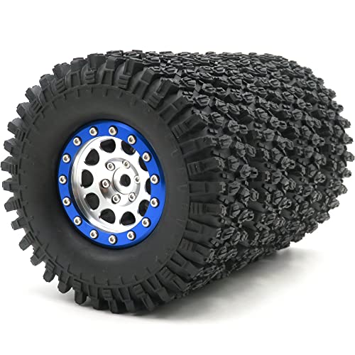 4Pcs Rc Height 108Mm 1.9'' Tires Tyres & Aluminum 1.9 Beadlock Wheel Rim Hex 12Mm Silver & Blue Color For 1/10 1/12 Rc Mud Crawler Truck Axial Scx10 90046 Rc4Wd D90 Tf2 Tamiya Cc01,(Assembled) #TOP11