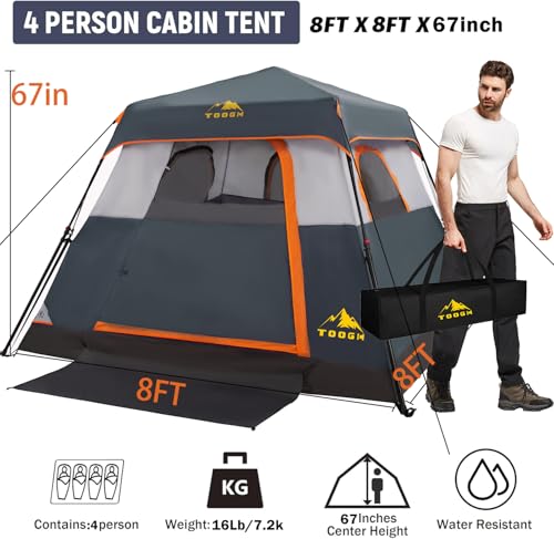 Toogh 3/4 Person/6 Person Camping Tent Fast Cabin Tent with Instant Setup Tent, Weatherproof Tent Easy Quick Set Up & Pop Up in 60 Seconds with Rainfly Backpack for Family Camping,Upgraded Ventilation の商品画像 1