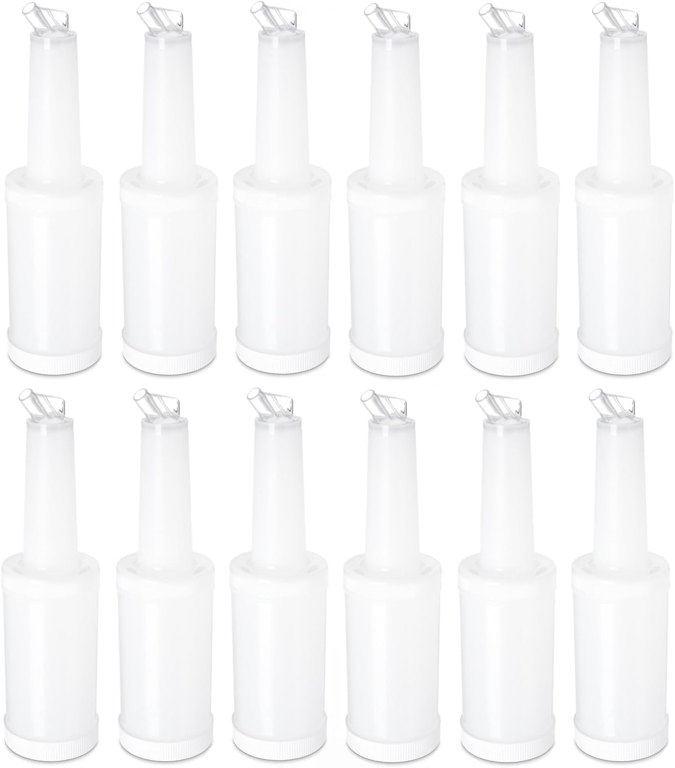 Soro Essentials- 1 qt. Bar Juice Pour Bottles Plastic White Color Set of 12- Store and Pour Containers Bar Plastic Juice Pourers Bartending Bar Mixer Bottles Barware for Bar Home Party Kitchen