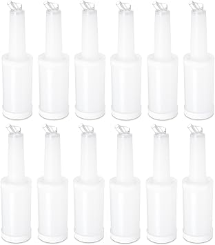 Soro Essentials- 1 qt. Bar Juice Pour Bottles Plastic White Color Set of 12- Store and Pour Containers Bar Plastic Juice Pourers Bartending Bar Mixer Bottles Barware for Bar Home Party Kitchen