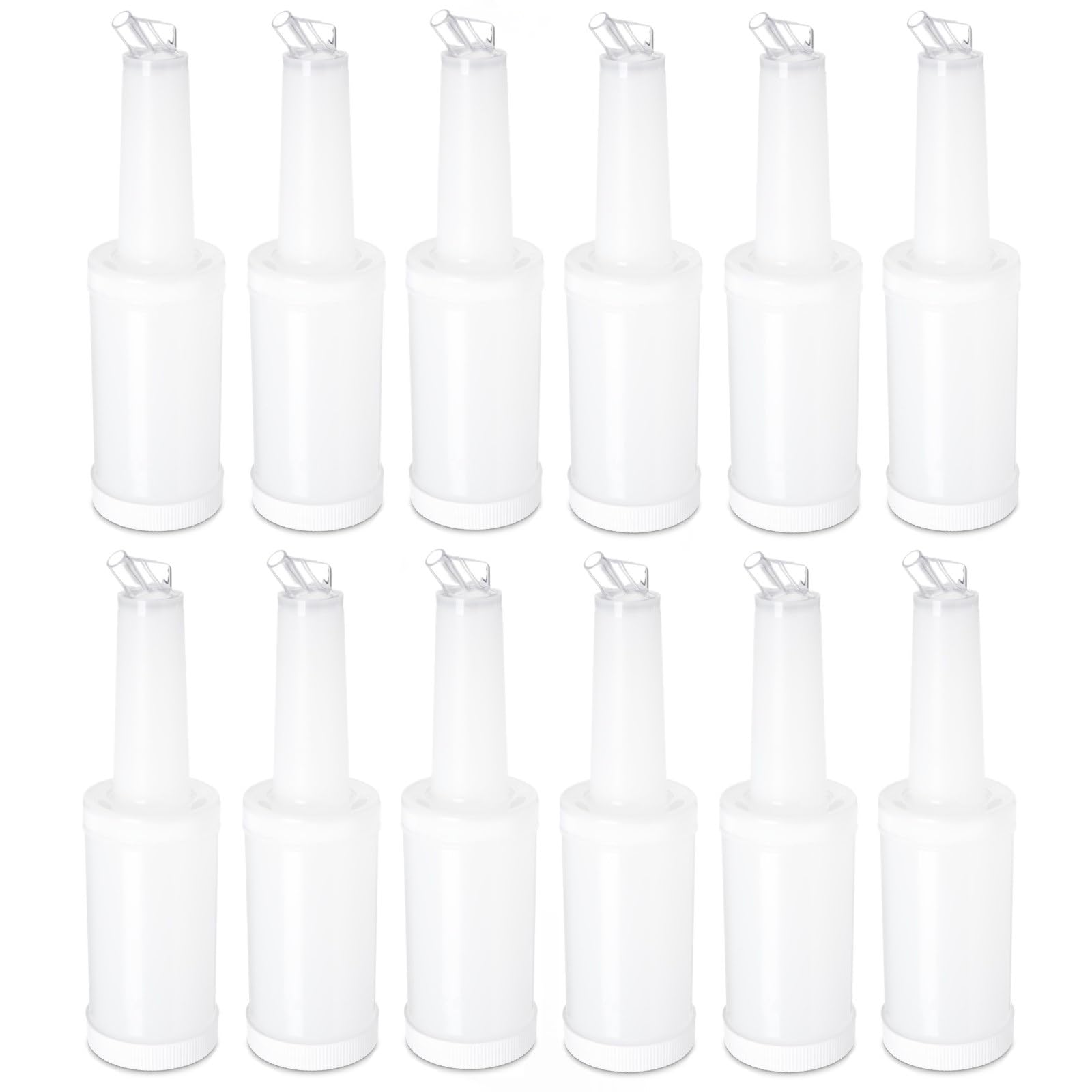 Soro Essentials- 1 qt. Bar Juice Pour Bottles Plastic White Color Set of 12- Store and Pour Containers Bar Plastic Juice Pourers Bartending Bar Mixer Bottles Barware for Bar Home Party Kitchen
