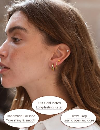 BESTEEL 13Pairs Small Hoop Earrings for Women - Hypoallergenic 14K Gold Plated Stud Huggie Earings Stacks Set for Multiple Piercing Dainty Non Tarnish Cartilage Jewelry Pack Trendy Lightweight Gift3