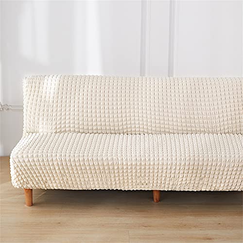 Surwin Armless Sofa Bed Cover Seersucker, Non Slip Washable Solid Colour Stretch Futon Slipcover Protector for 2 Seater/3 Seater Folding Sofa Bed without Armrests (White,3 Seater)