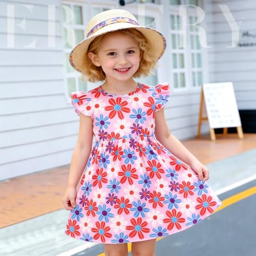 Image of Toddler Little Girls Casual Dresses Short Sleeve Crew Neck Graphic Cartoon Dress for 2-8 Years