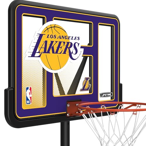 Image of Lifetime NBA Los Angeles Lakers Portable Basketball Hoop, Adjustable Height 7.5-10 Ft, 44 Inch Shatterproof Fusion Backboard, Base with Wheels