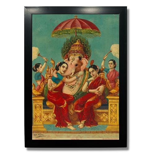 Image of Kagaz Kala - Vintage Art Prints - Hindu God Photos with Frames For Pooja Room Bedroom Living Room Decor Gifts Framed (Ganapati with Riddhi and Siddhi)