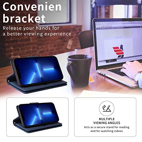 ESONG Wallet Case for Xiaomi 11T/11T Pro, Premium PU Leather Zipper Pocket Magnetic Flip Stand Case Cover with Wrist Strap - blue - Image 3