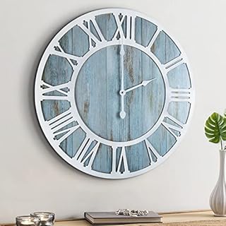 HAITANG Modern Round Wood Wall Clock for Living Room Decor,Vintage Blue 40cm Roman Numeral Nealy Silent Little Ticking Hanging Clocks for Home Garden Office Cafe Roomph Decoration