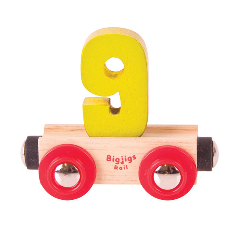 Bigjigs Rail Wooden Rail Name Number 9 (Yellow) Personalised Wood Railway Carriage