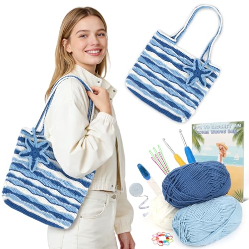 Reessy Crochet Bag Kit for Beginners Blue & White Wave Stripe Shoulder Bag DIY Kit with Yarn Hooks & Tools Step-by-Step Printed Instruction Book Handmade Summer Bag
