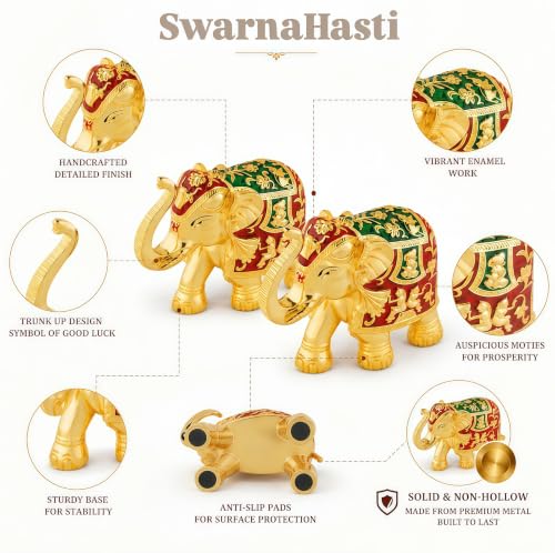Image of Elephant Idol | Gold Plated Elephant Idol | Gajalaxmi Showpiece for Home & Office | Vastu, Good Luck, Gifts for House Warming Ceremony and Home Decoration - New (3 inch) 2 pcs