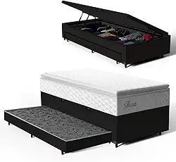 Bicama Box Baú Solteiro com Colchão de Molas Ensacadas Pillow Top Flora + Auxiliar Unique 88cm (Preto)