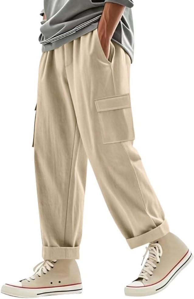 Lightweight Cotton Linen Yoga Pants for Men Elastic Waist Drawstring Relaxed Fit Summer Beach Jogger Pants