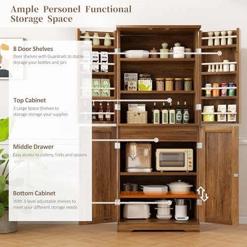 Image of Shintenchi Kitchen Pantry Cabinet, Farmhouse Tall Cupboard, Rustic Brown