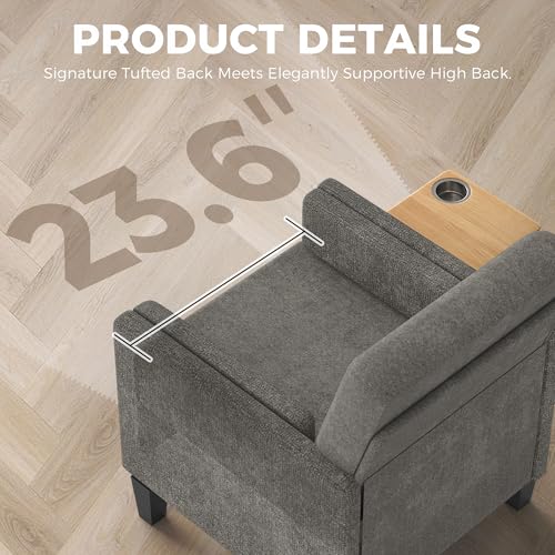 Image of Chenille Accent Chair, Mid Century Modern Arm Chair with Foldable Wooden Side Table & Cup Holder - Comfy Reading Chair for Bedroom,Living Room Chairs,Single Sofa Chair, Dark Grey