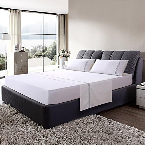 100% Cotton Sateen Embroidery Fitted Sheet Flat Sheet (Beige) Premium Quality Combed Cotton Comfortable - 4 Piece (King, Grey Embroidery)
