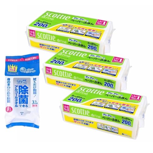 4点セット品 スコッティ ペーパーふきん キッチンペーパー サッとサッと 400枚 200組 ×3個 除菌 アルコール タオル 携帯用 32枚入 ×1個