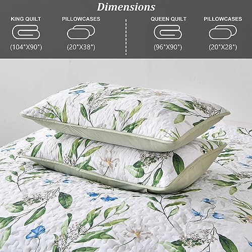 Image of Anibedding Queen Quilt Set, Floral Botanical Bedspread with 2 Pillowcase | Soft Microfiber, 3 Pieces Green Leaves Pattern Bedspread, Floral Branch Bedding Set, All Season, Room Decor, Queen(96 inchx90 inch)