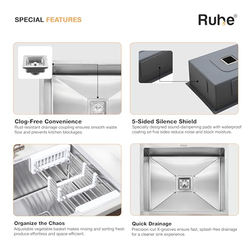 Image of Ruhe Handmade Single Bowl Kitchen Sink - 21x18x10 inches | 304-Grade Stainless Steel Sink Matte Finish | Kitchen Sink Including Coupling, Waste Pipe & Vegetable Washing Basket | 25 Year Warranty