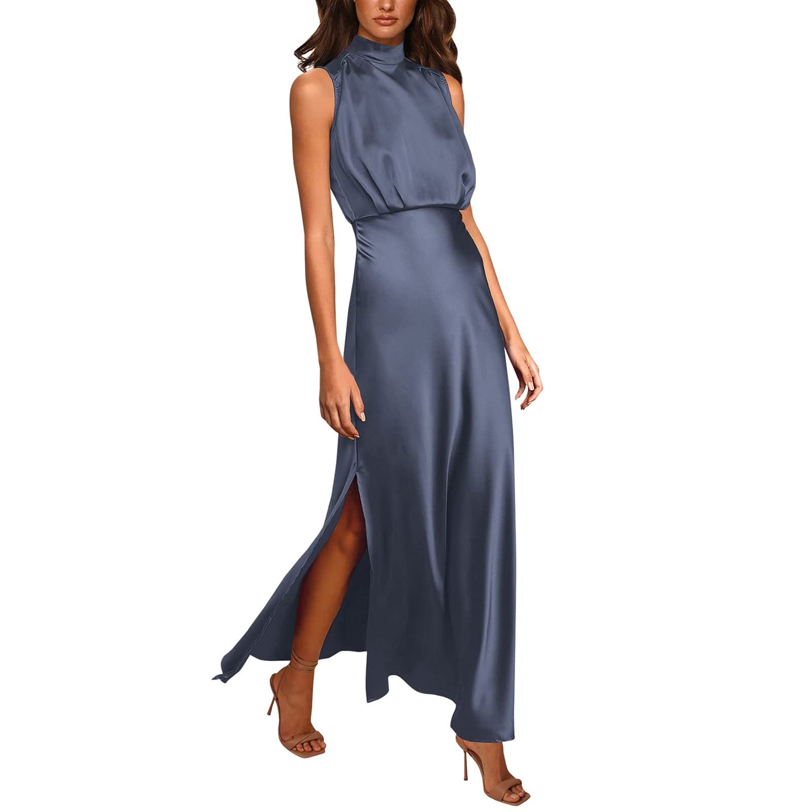 YOGALULU Vestidos Mujer Invierno Rebajas Vestido Largo de satén Formal de Verano para Mujer, Cuello simulado, sin Mangas, Abertura Lateral, Maxi Vestidos sin Mangas fluidos Camisas Mujer Vestir