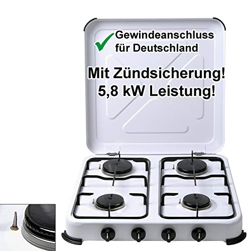 Gaskocher Campingkocher 4-flammig mit Zündsicherung Gasherd Gas-Kochfeld 50 mbar mit Deckel Weiss