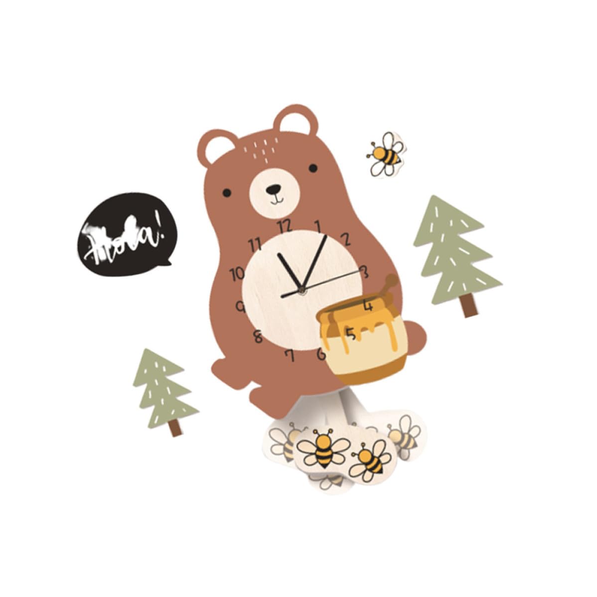 DOITOOL 1pieza Reloj Colgante Silencioso para Habitación Infantil con Diseño de Oso Cartoon Reloj de Pared para Niña Nursery y Aula Decoración Moderna y Ecológica