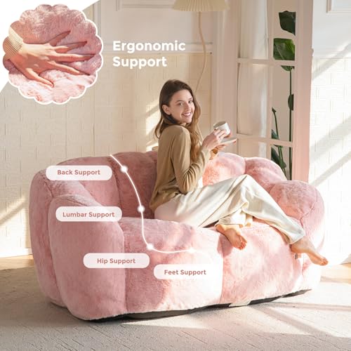 Image of MAXYOYO Bean Bag Chair for Adults, Loveseat Floral Shaped Bean Bag Sofa, Ultra Soft Love Seat Mini Sofa Couch, Faux Fur Reading Chair for Living Room Bedroom, Pink