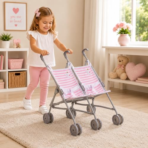 Image of JC Toys Boutique | Twin Folding Umbrella Doll Stroller for Children 2 Years Plus, Pink Stripes and Soft Embroidery | Sturdy Metal Frame | Pretend Play with Dolls up to 18 inch Long | Seat Belts