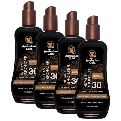 Australian Gold Spray Gel Sunscreen with Instant Bronzer SPF 30, 8 Ounce | Moisturize &amp; Hydrate Skin | Broad Spectrum | Water Resistant | Non-Greasy | Oxybenzone Free | Cruelty Free (Pack of 4)