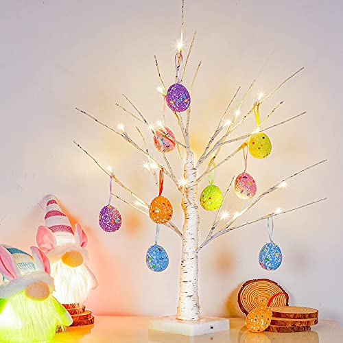 Easter Decorations kemooie 24 Inch Pre-lit White Birch Tree with 10 Hanging Easter Egg Ornaments 24 Led Lights Battery Operated Spring Table Centerpiece for Party Birthday Home Spring Decoration