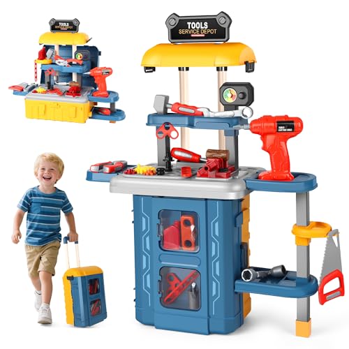 QiquBox 3 en 1 Banco de Herramientas Juguete, 46 Piezas Trabajo Jugete Juego Caja Herramientas Juguetes Cumpleaños Navidad Regalo para Niños Niñas 3 4 5 6 Años