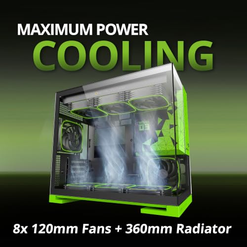 Image of Geometric Future Model 3 Panoramic Tempered Glass Dual Chamber Micro-ATX Tower PC Case, 5 Pre-Installed 120mm x 30mm PWM ARGB Fans, USB Type-C, 360mm Radiator Support, Black /Green, GEO-M3F-BNV
