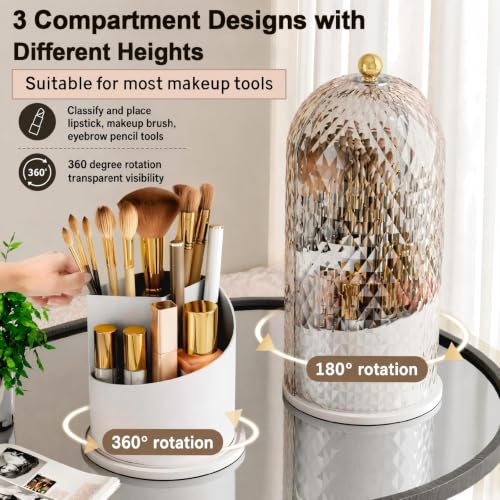 Image of Makeup Brush Holder with Lid,Makeup Brush Storage Box with Diamond Pattern,360 Rotating Waterproof and Dustproof Beauty Brushes Storage for Vanity Bathroom,White