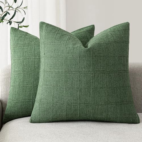 Image of Foindtower Set of 2 Decorative Linen Check Throw Pillow Covers Neutral Farmhouse Vintage Cushion Covers Modern Boho Accent Home Decor for Sofa Chair Couch Bedroom Living Room,26x26 Inch,Forest Green