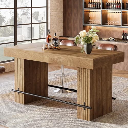 Image of Tribesigns 62.2 Inch Bar Table, Industrial Counter Height Pub Dining Table, Rectangular Home Bar Units with Metal Footrest for Home Kitchen, Dining Room, Bistro, Oak Wood