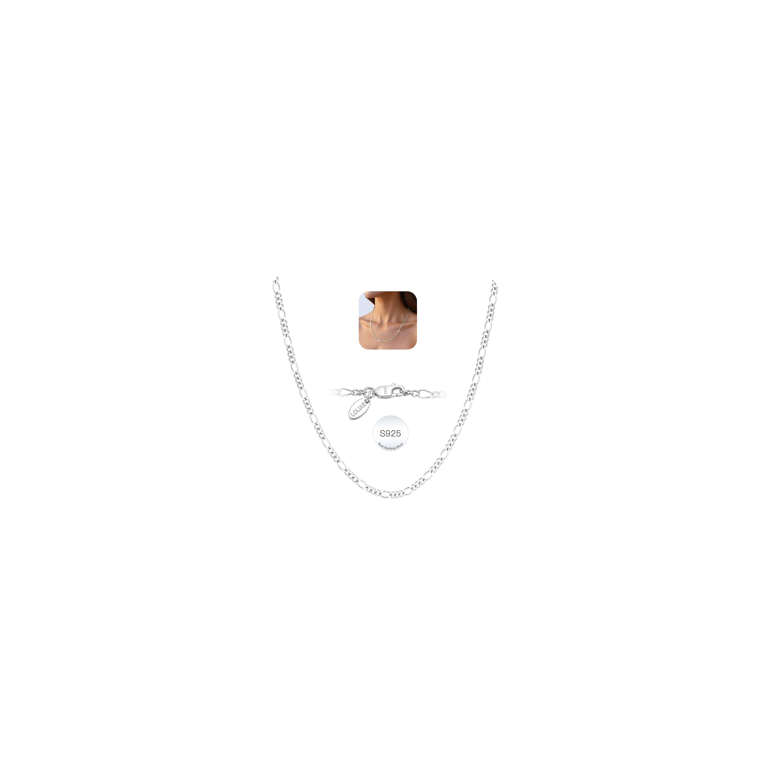 LOLIAS Silberkette Damen 925 Ohne Anhänger Figaro Halsketten 3MM Lange Kette Silber 925 Choker Kette for Damen Herren Glitzernde Schmuck Geschenke 41/46/51/56/61/66CM