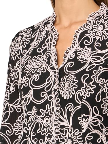 Image of Alex Evenings Women's Stretch Embroidered Formal Event Blouse With Center Front Scallop Detail and Illusion Sleeves