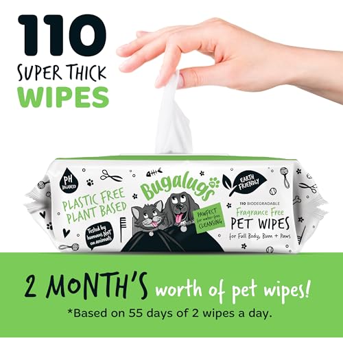 BUGALUGS Dog Wipes, 100% Plastic Free Biodegradable pet wipes for full body, eye wipes, ear wipes, bum & paws. 110 sensitive dog grooming wipes for dogs, puppy & cat grooming (Fragrance Free) - Image 4